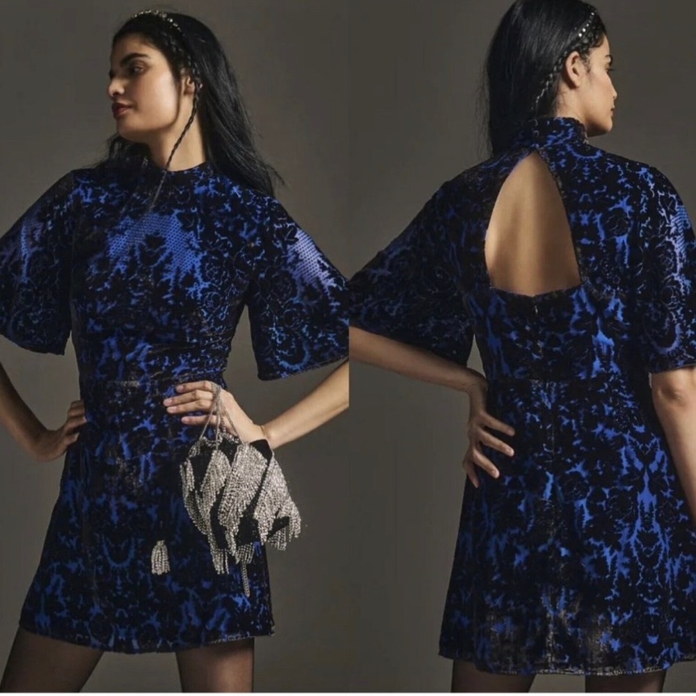 NWT Anthropologie Mock Neck Velvet Mini Dress 6 Blue Black Open Back
